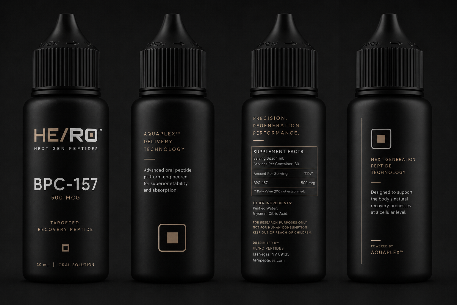 HE/RO BPC-157 packaging lineup — front, Aquaplex delivery, supplement facts, and brand mark