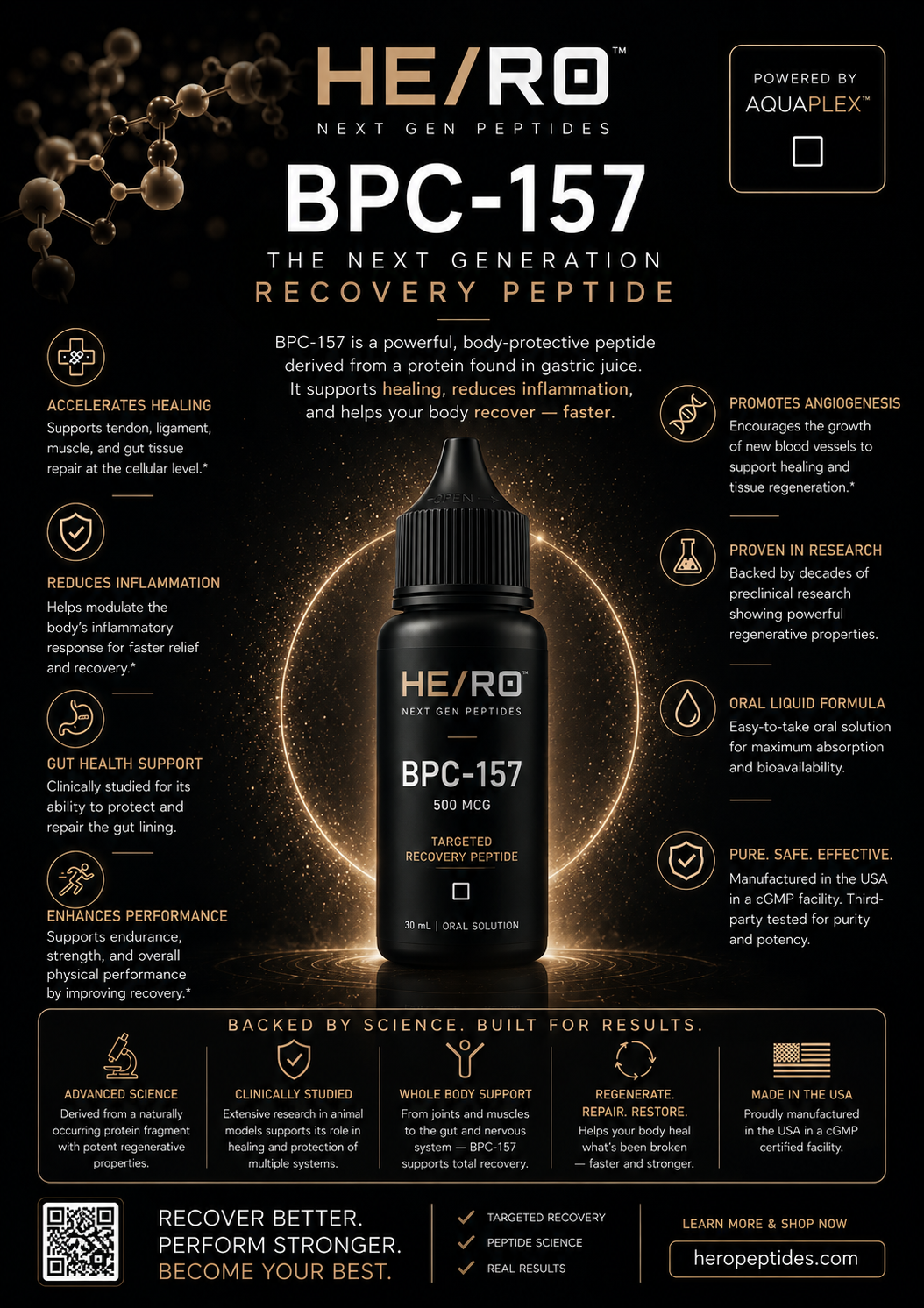 HE/RO BPC-157 hero poster with benefit callouts